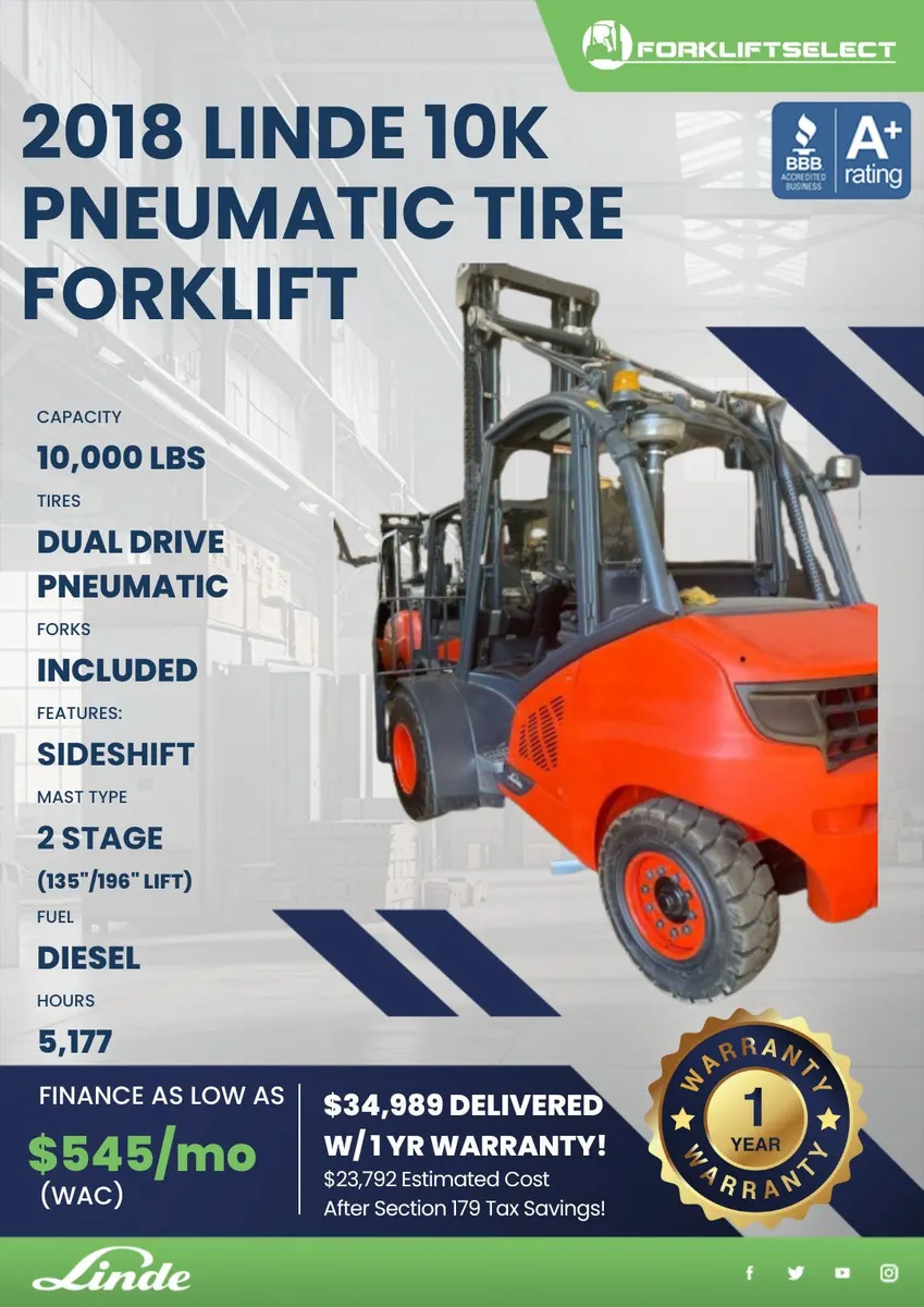 2018 Linde 10K Pneumatic Tire Forklift