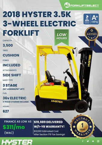 2018 Hyster 3.5K Cushion Tire Forklift