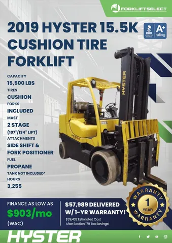 2019 Hyster 15.5K Cushion Tire Forklift