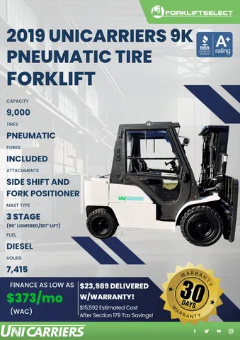 2019 UniCarriers 9K Pneumatic Tire Forklift