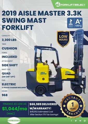 2019 Aisle Master 3.3K Cushion Tire Swing Mast Forklift