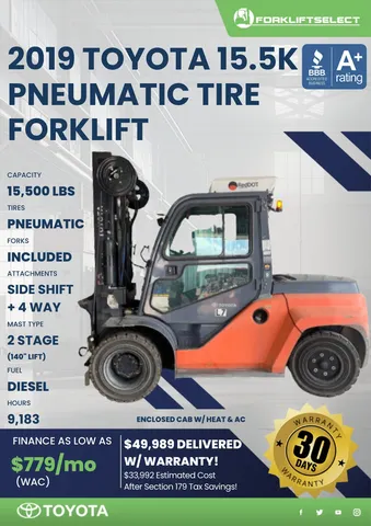 2019 Toyota 15.5K Pneumatic Tire Forklift