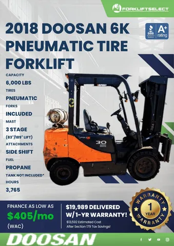 2018 Doosan 6K Pneumatic Tire Forklift