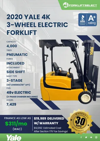 2020 Yale 4K Pneumatic Tire 3-Wheel Electric Forklift