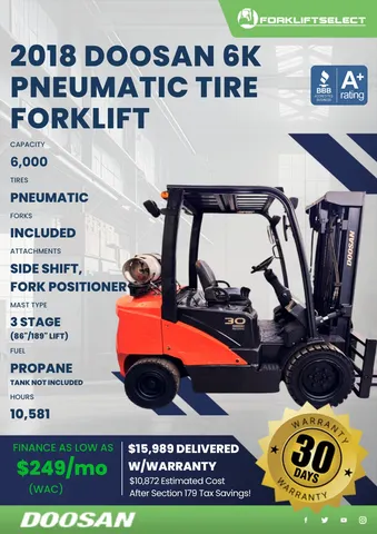 2018 Doosan 6K Pneumatic Tire Forklift