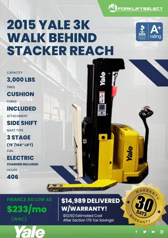 2015 Yale 3K Cushion Tire Walk Behind Stacker Reach