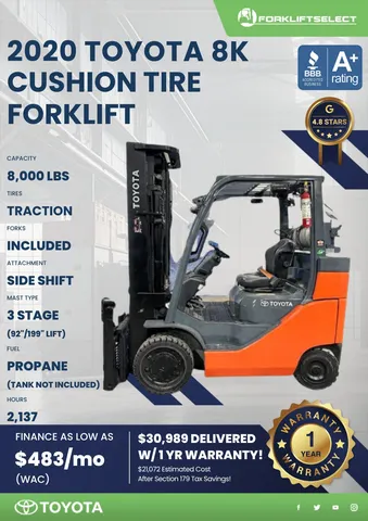 2020 Toyota 8K Cushion Tire Forklift