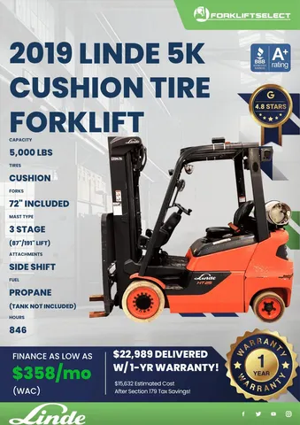 2019 Linde 5K Cushion Tire Forklift