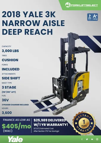 2018 Yale 3K Narrow Aisle Deep Reach Forklift