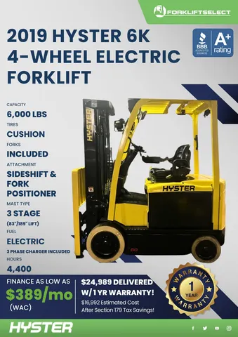 2019 Hyster 6K Cushion Tire 4-Wheel Electric Forklift