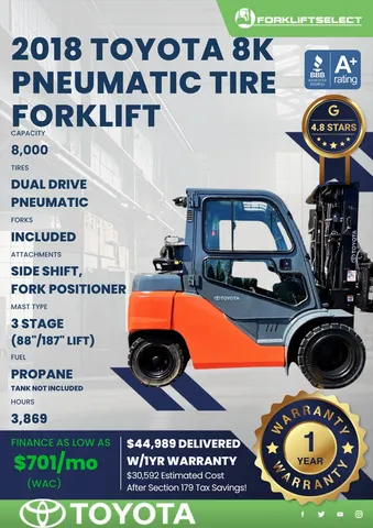 2018 Toyota 8K Pneumatic Tire Forklift