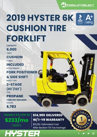 2019 Hyster 6K Cushion Tire Forklift