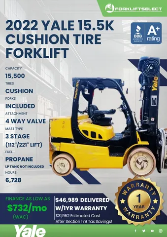 2022 Yale 15.5K Cushion Tire Forklift