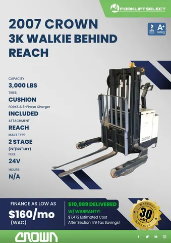 2007 Crown 3K Cushion Electric Walkie-Behind Reach Forklift