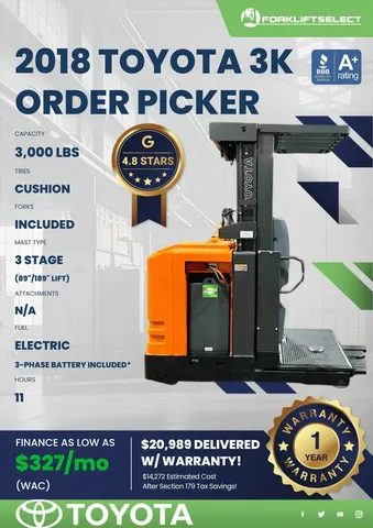 2018 Toyota 3K Cushion Tire Order Picker
